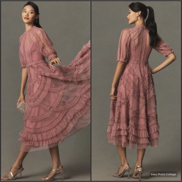 MAC DUGGAL 8058 Pink High Neck Micro Ruffle Tiered Midi Dress - Picture 1 of 16